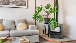 Ein Wohnzimmer mit einer Couch, einem gerahmten Bild, einem Blumentopf und einem Kaminofen.