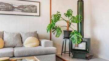 A living room with a sofa, a framed picture, a potted plant, and a wood-burning stove.