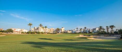 A golf course with a clear sky, palm trees, and buildings in the background.
