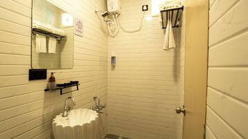 Shower, slippers, towels, soap