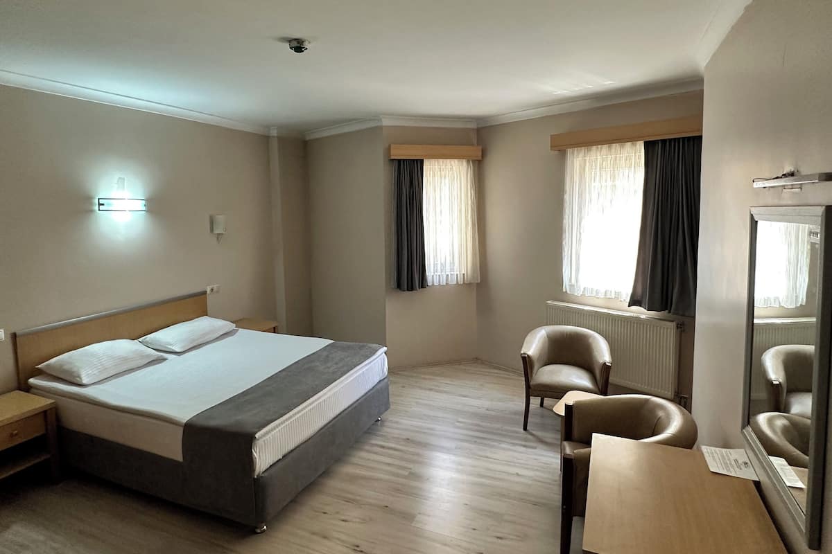 Habitación de hotel con cama, dos sillas, una mesita y un espejo.