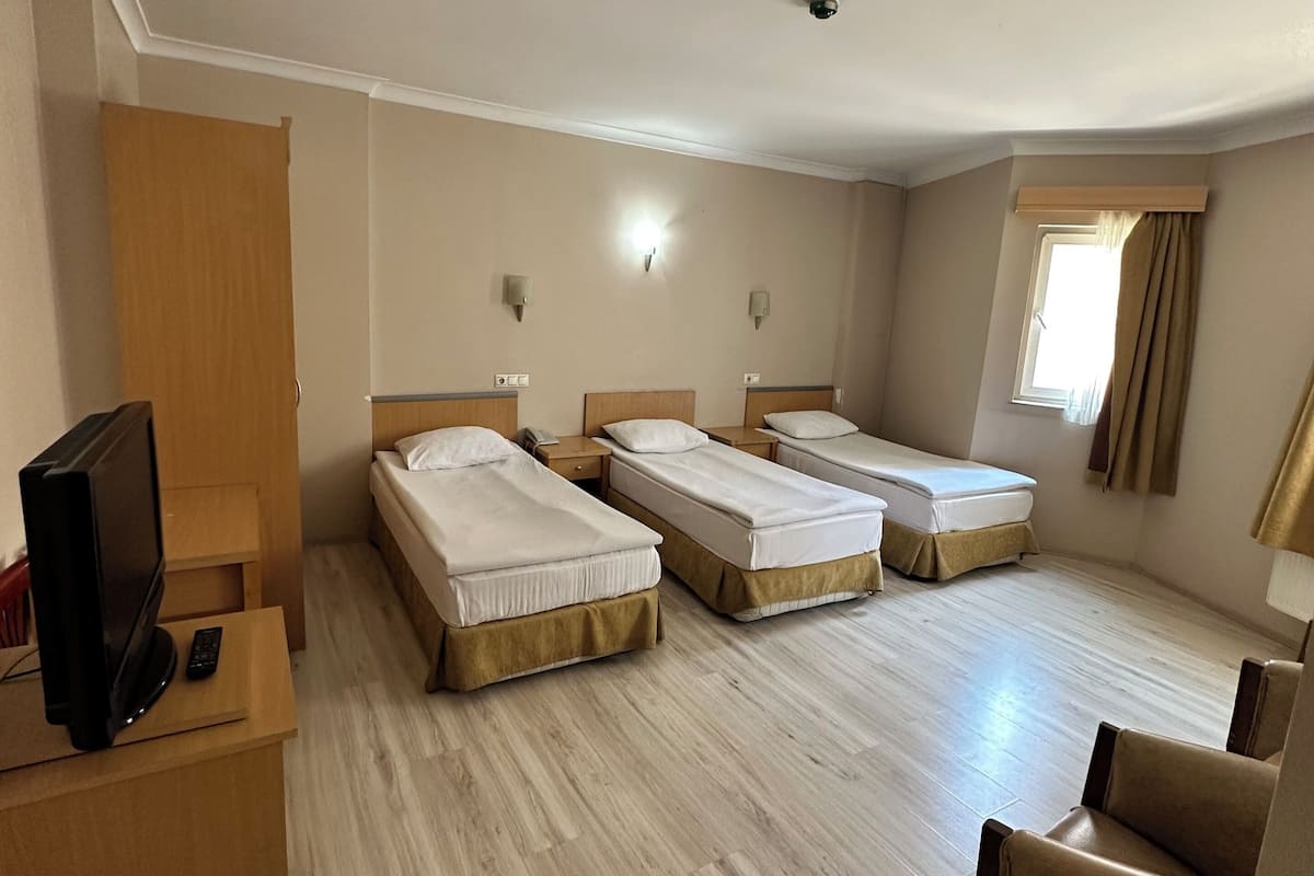 Habitación de hotel con tres camas, televisión, escritorio y una silla.