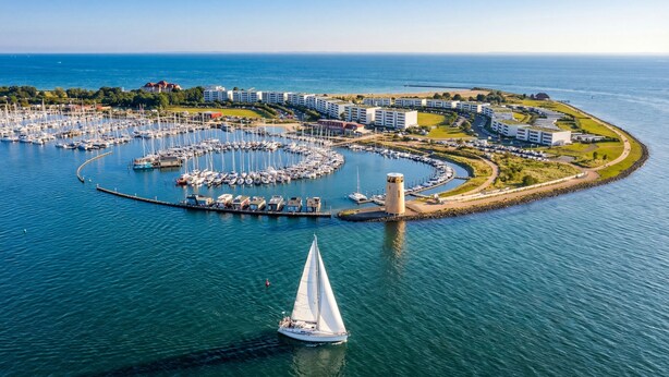 Une vue aérienne d’une marina où sont amarrés de nombreux bateaux, avec un voilier au premier plan et un ensemble de bâtiments, dont un phare situé à proximité.
