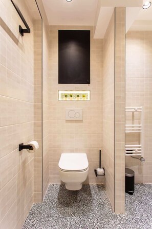 Shower, hair dryer, towels, shampoo