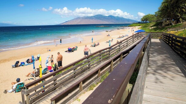 A wooden boardwalk leading to a beach with clear skies and mountains in the background.