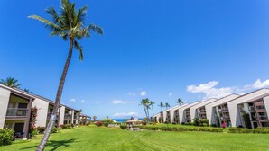 A resort with multiple-story buildings, a well-maintained lawn, and palm trees.