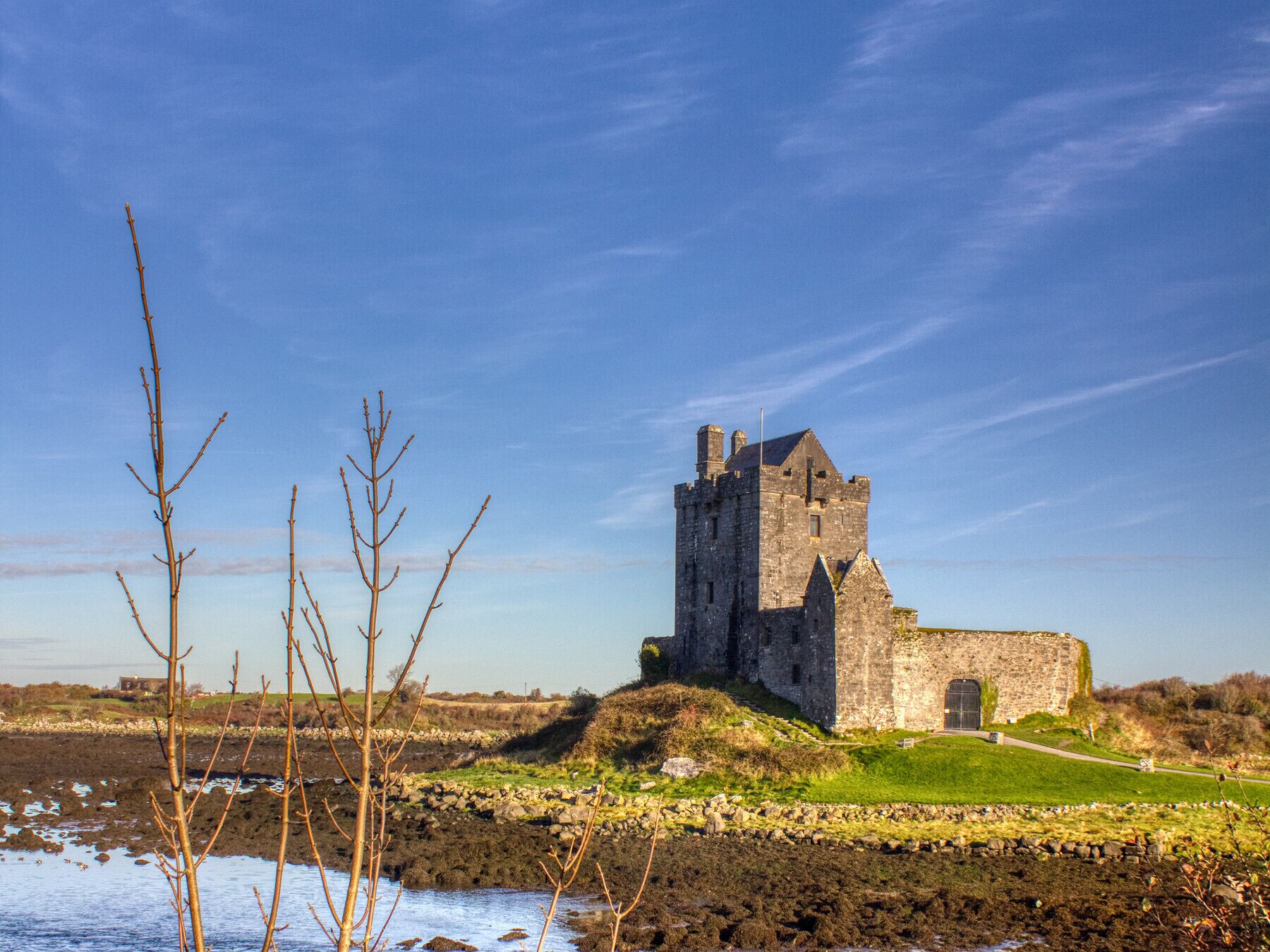 A historic stone castle with a prominent tower, situated on a grassy hill with a clear sky.