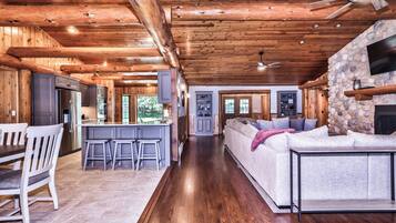 Smart TV, fireplace, DVD player, books