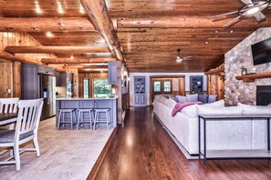 TV connectée, cheminée, lecteur de DVD, livres