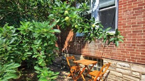 A brick building with a window, a wooden table and chairs, and a plant with green leaves. - Cafe Terrace at TG Park | Fenced Backyard+W/D (Saint Louis)