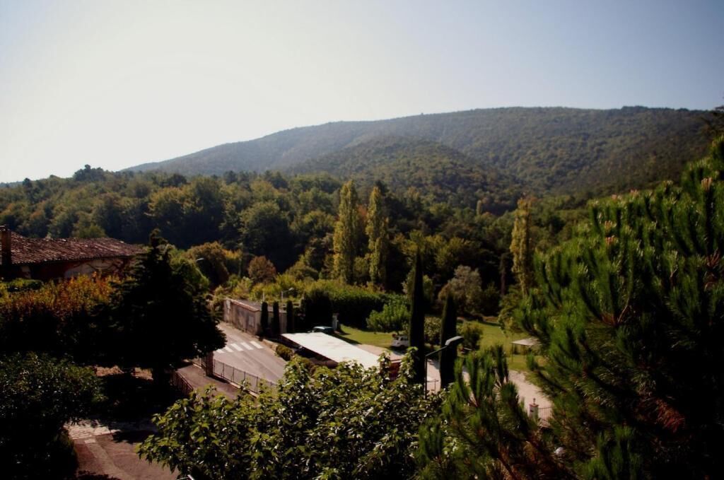 A rural landscape with a house surrounded by trees and a hill in the background.