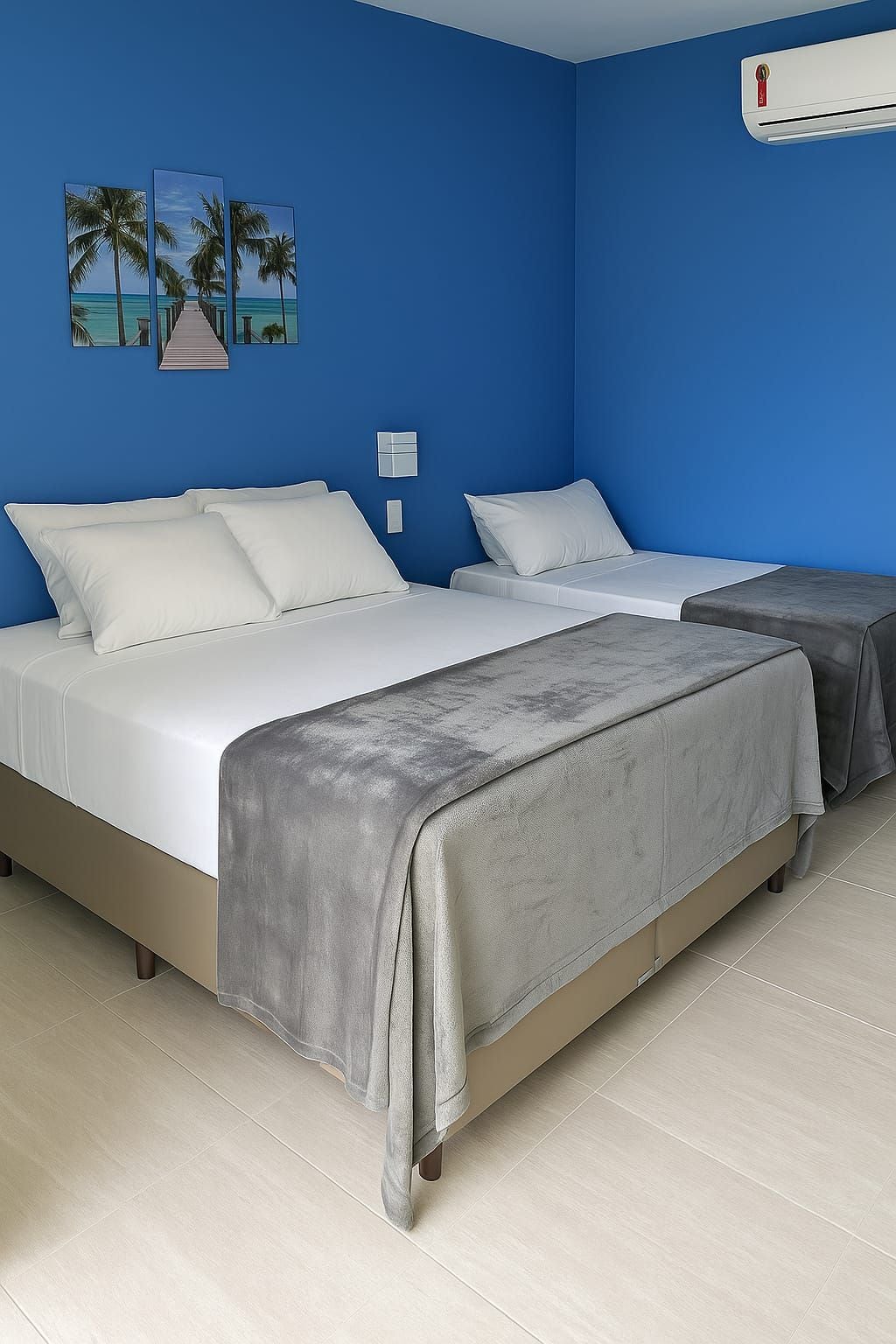 Une chambre avec deux lits, un mur bleu et une œuvre d’art sur le thème de la plage.