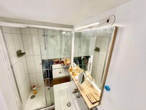 Shower, hair dryer, bidet, towels