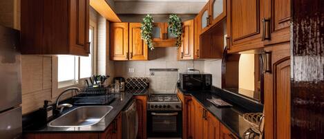 Een microgolfoven, een oven, een kookplaat, een vaatwasser