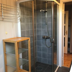 Hair dryer, towels, soap, shampoo