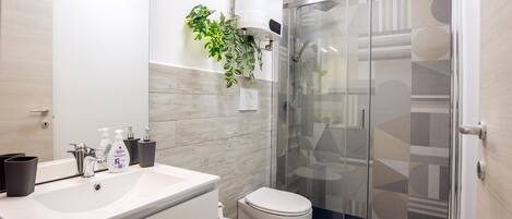 Hair dryer, towels, soap, toilet paper