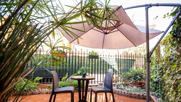 Un patio exterior con dos sillas y una mesa bajo un gran paraguas, rodeado de plantas en macetas y una valla de madera.