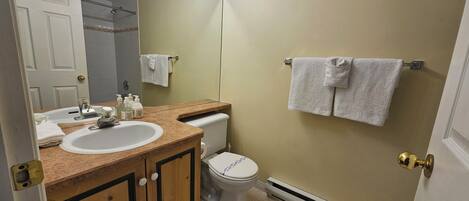 Une salle de bain équipée d’un lavabo, d’un miroir, de toilettes et d’un porte-serviettes.