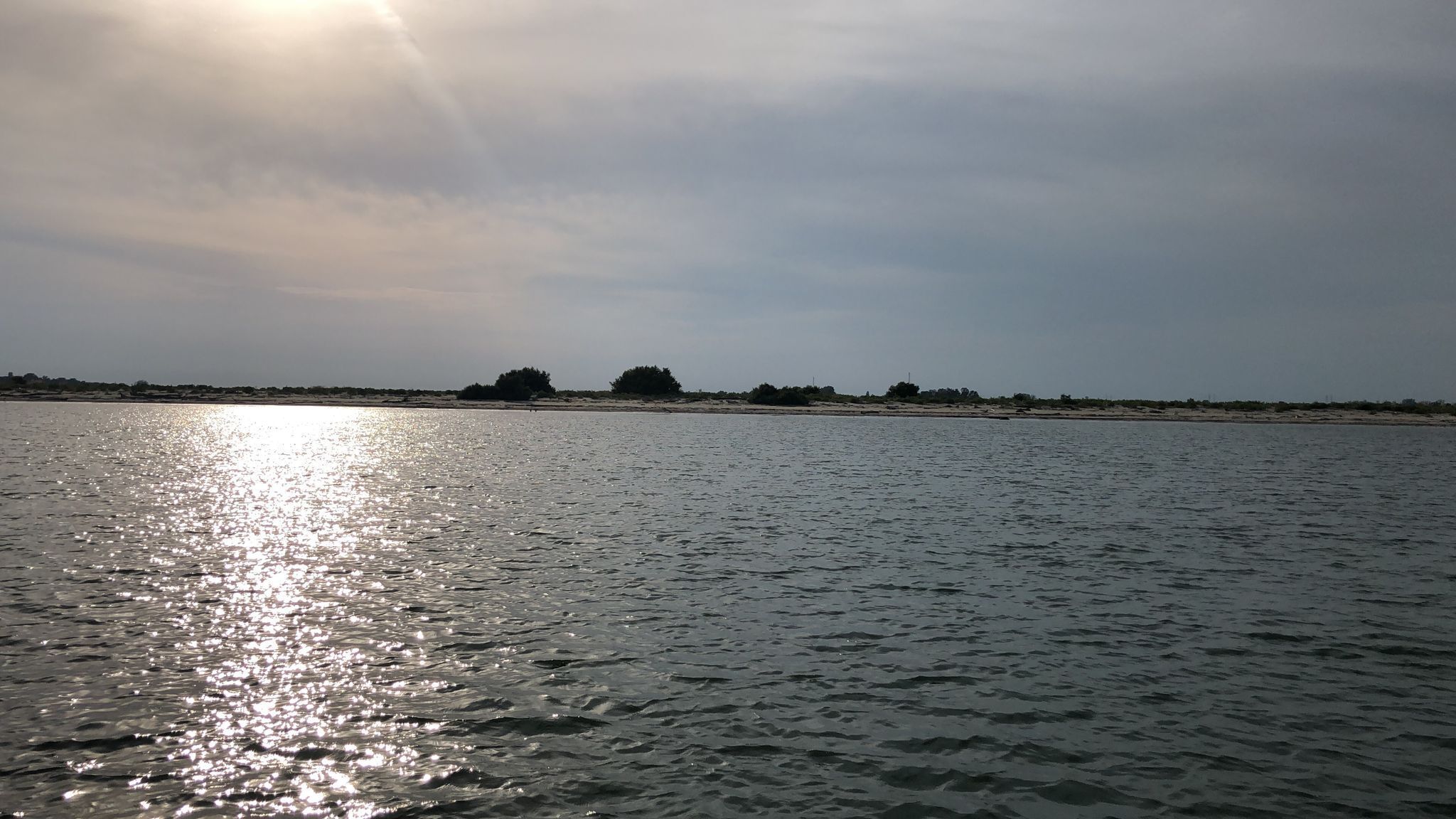 Ruhige Wasseroberfläche, die Sonnenlicht reflektiert, mit weiter Landschaft und Vegetation im Hintergrund.