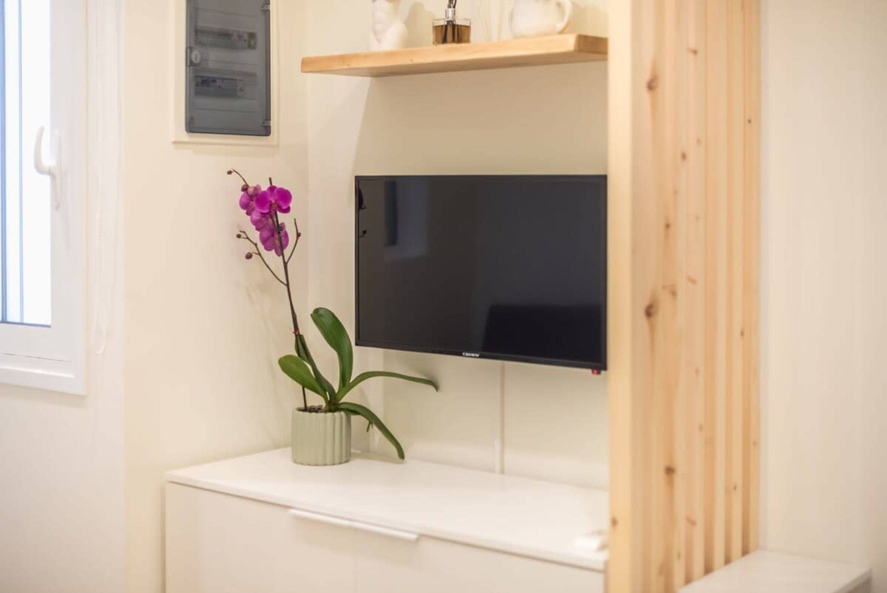 A room with a flat-screen TV mounted on a wall, a small potted plant on a white cabinet, and a wooden shelf above the TV.