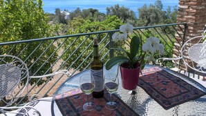 A terrace with a table set for two, a bottle of wine, and a potted plant.