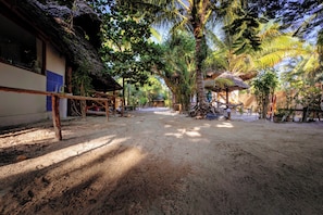 A rustic outdoor area with a thatched-roof structure, palm trees, and a dirt path leading to a small hut.