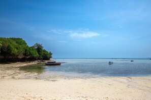 A beach with boats, clear water, and a sandy shore. - Eden Paradise Zanzibar (Michamvi)