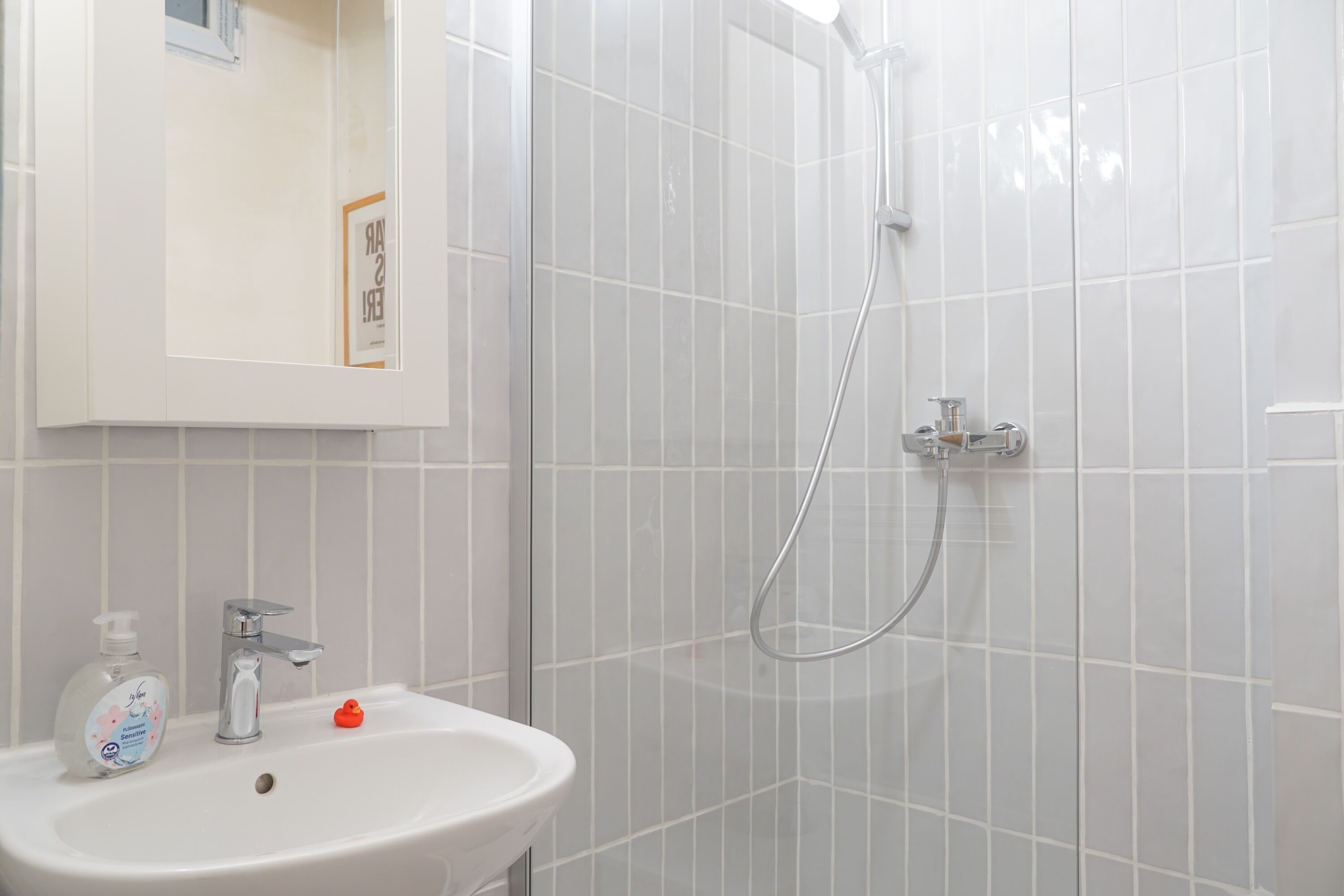 A bathroom with a white sink, a mirror, and a shower with a handheld showerhead.