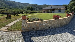 A house with a stone wall and a garden with potted plants and flowers. - Villa in Lucca with 3 bedrooms sleeps 7 (Lucca)