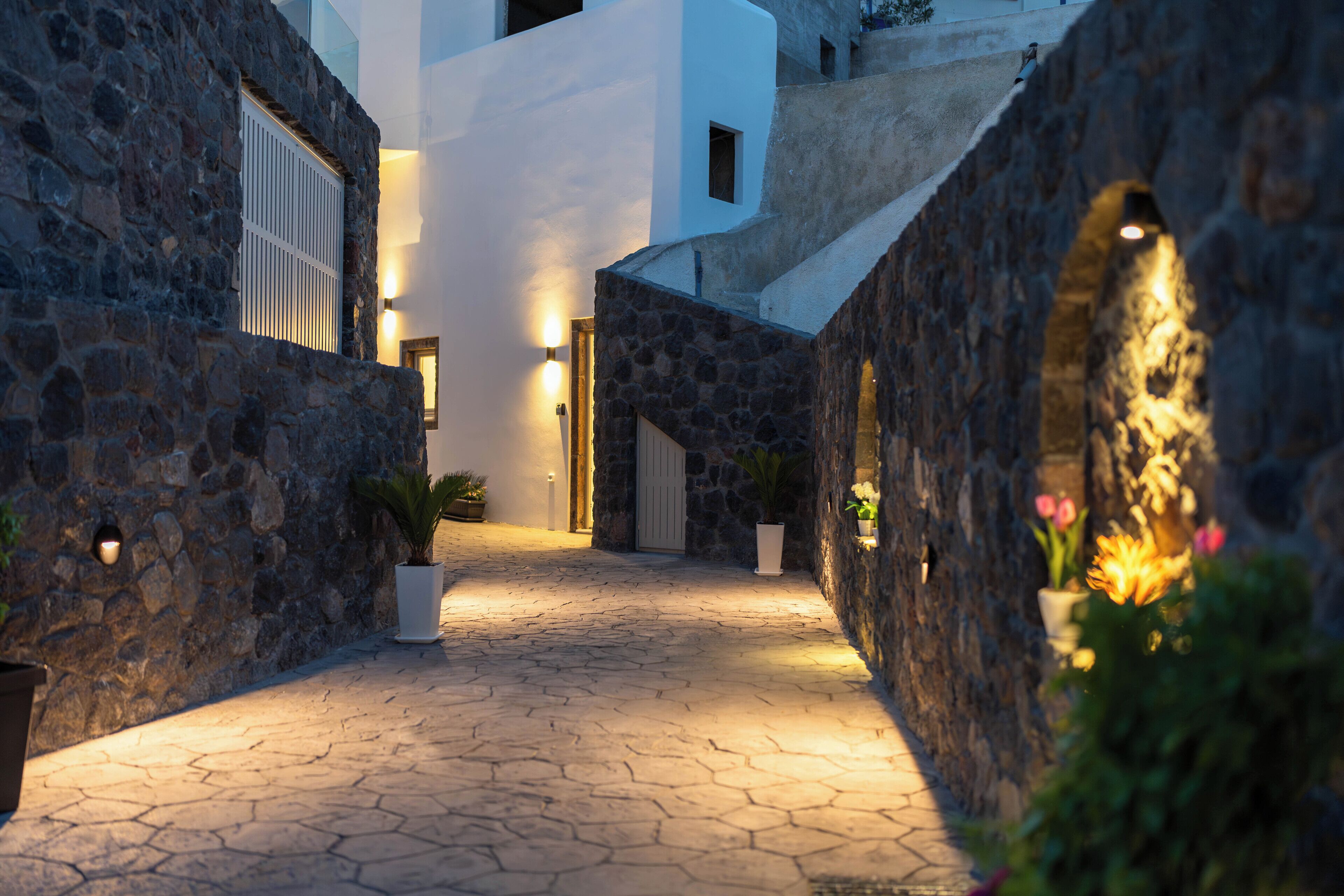 Un estrecho sendero de piedra que conduce a un edificio blanco con una puerta y ventanas, rodeado de macetas con plantas y flores.
