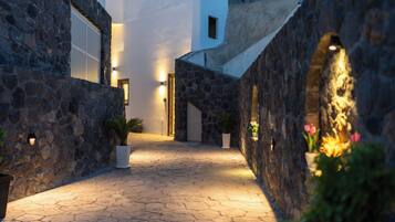 Un estrecho sendero de piedra que conduce a un edificio blanco con una puerta y ventanas, rodeado de macetas con plantas y flores.