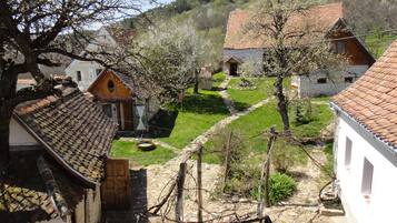 Un pueblo tradicional con casas de piedra, un camino de piedra y un pequeño estanque.