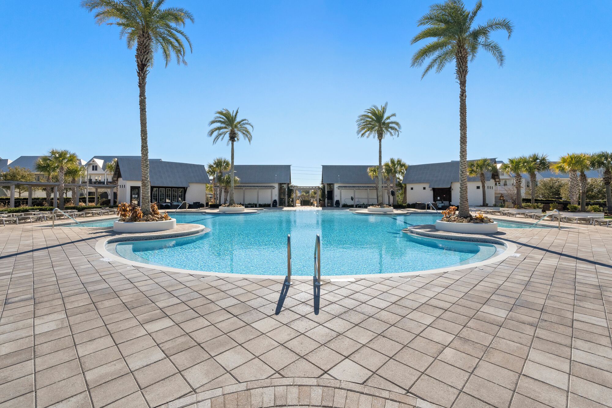 A swimming pool with a circular design, surrounded by a tiled deck and palm trees.