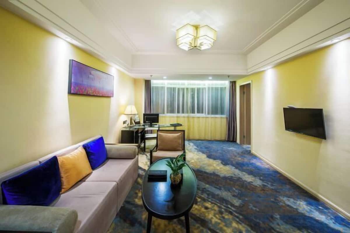 A hotel room with a sofa, a small table with a plant, a TV, a desk with a computer, and a large window with curtains.