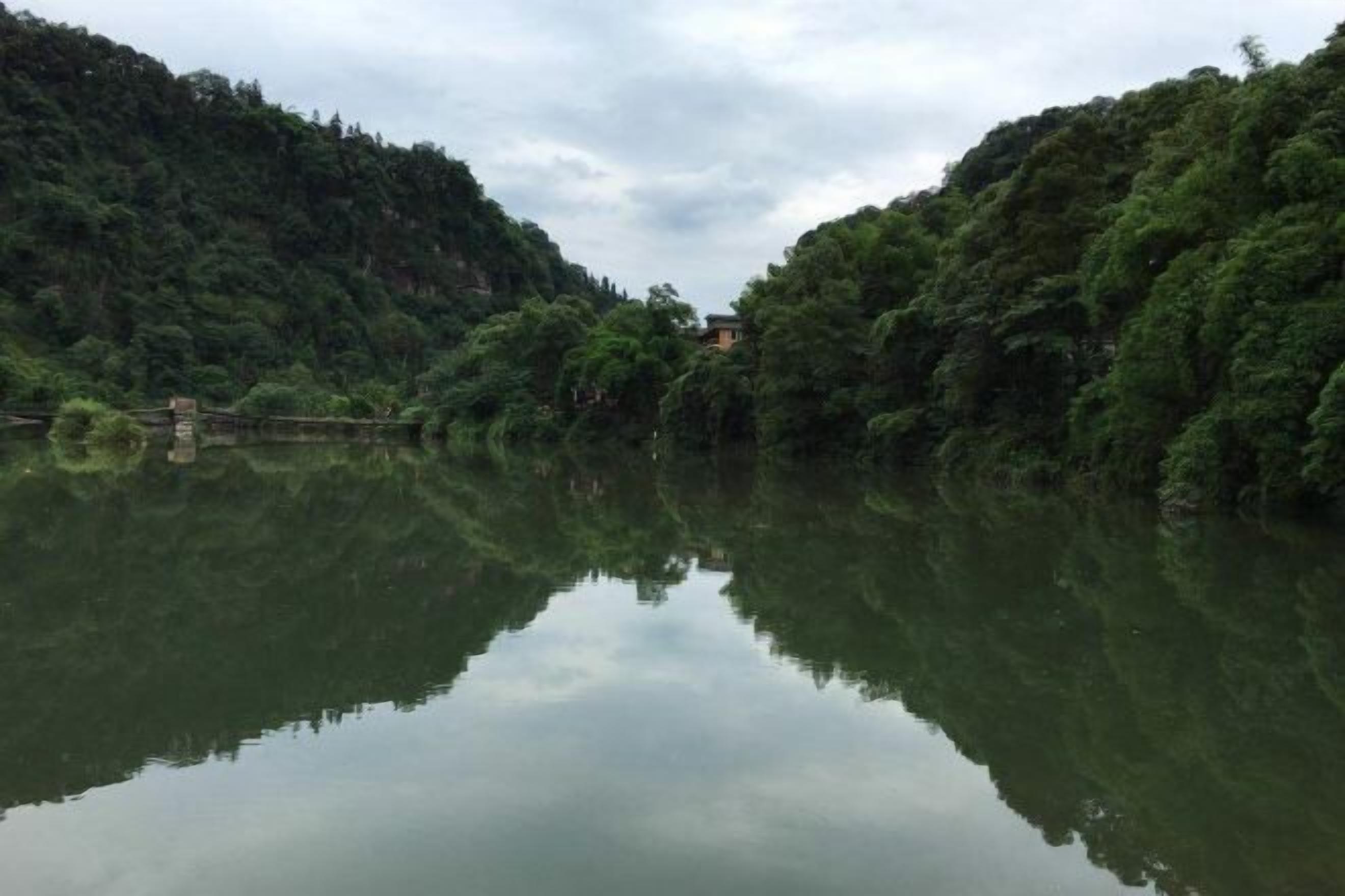 Un lago tranquilo rodeado de un bosque frondoso con un pequeño puente a lo lejos.