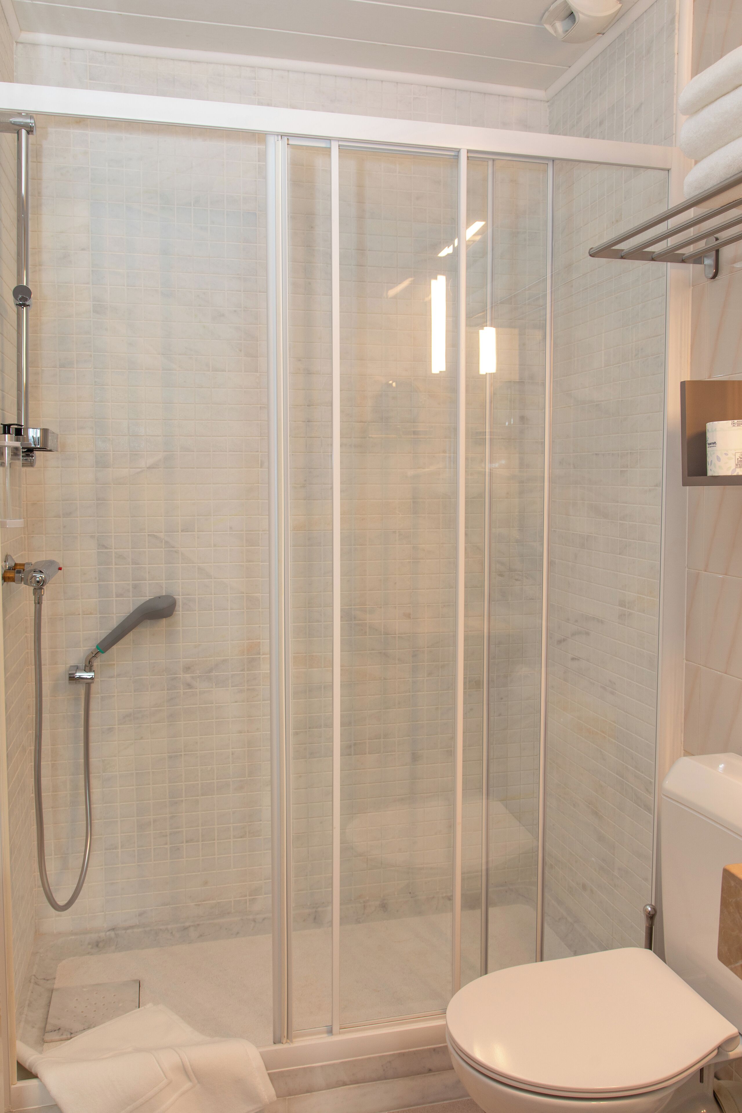 Un baño moderno con ducha de vidrio, inodoro y perchero para toallas.