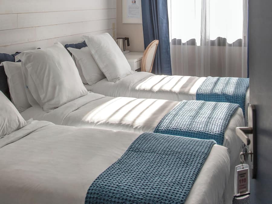 Premium bedding, desk, blackout curtains, soundproofing