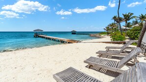 Une plage avec des chaises longues en bois, une jetée et des palmiers.