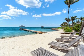 On the beach, sun-loungers, beach towels