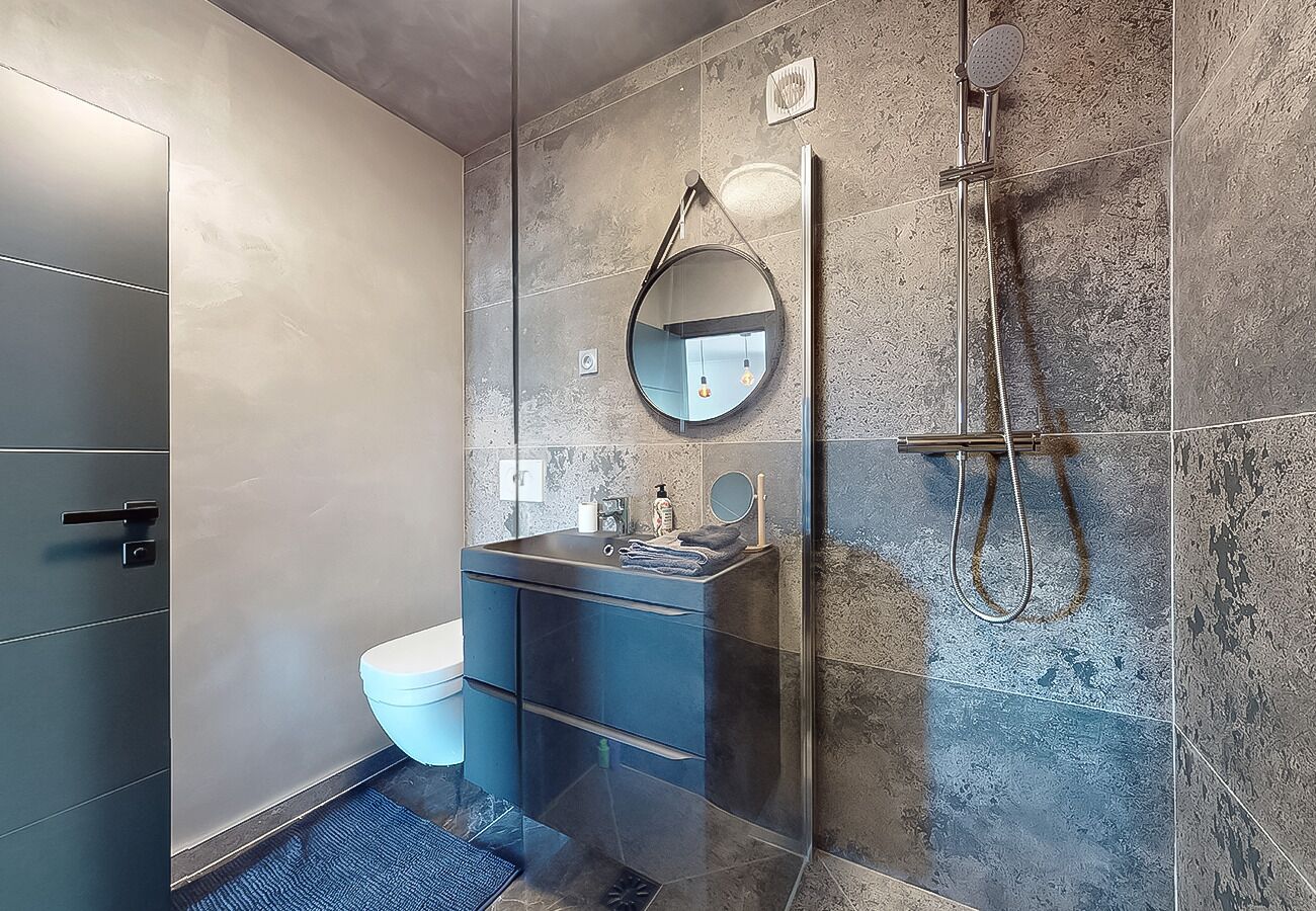 Chuveiro, secador de cabelo, toalhas de banho, sabonete