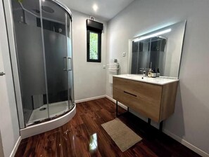 Shower, hair dryer, towels