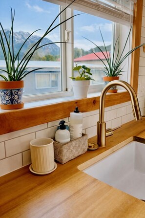 A kitchen with a wooden countertop, a white sink, and two potted plants on the windowsill.