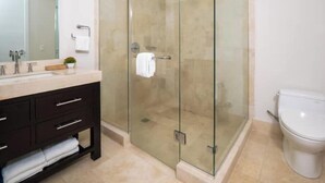 Un baño moderno con ducha envuelta en vidrio, tocador con lavabo y espejo, y un inodoro.