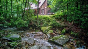 Un ruisseau traversant une forêt, avec des rochers, une maison en bois en arrière-plan et un pont de pierre.