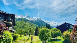 A mountain landscape with snow-capped peaks, a clear sky, and a residential area with houses and trees. - Appt in Mont Blanc view and parking (Chamonix-Mont-Blanc)