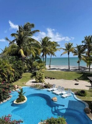 Relax by the pool surrounded by lush greenery and palm trees, with a clear view of the ocean and sandy beach.