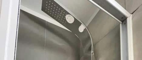 Hair dryer, towels, soap, toilet paper