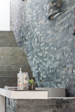 A bathroom with a stone wall, a white countertop, a bottle of hand soap, and a small potted plant. - Quinto Sol Tulum (Tulum)