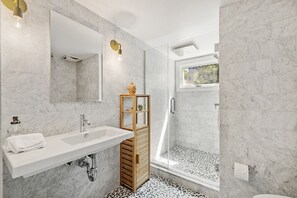 Shower, hair dryer, bidet, towels -  A true mid-century modern home.  (Sag Harbor)