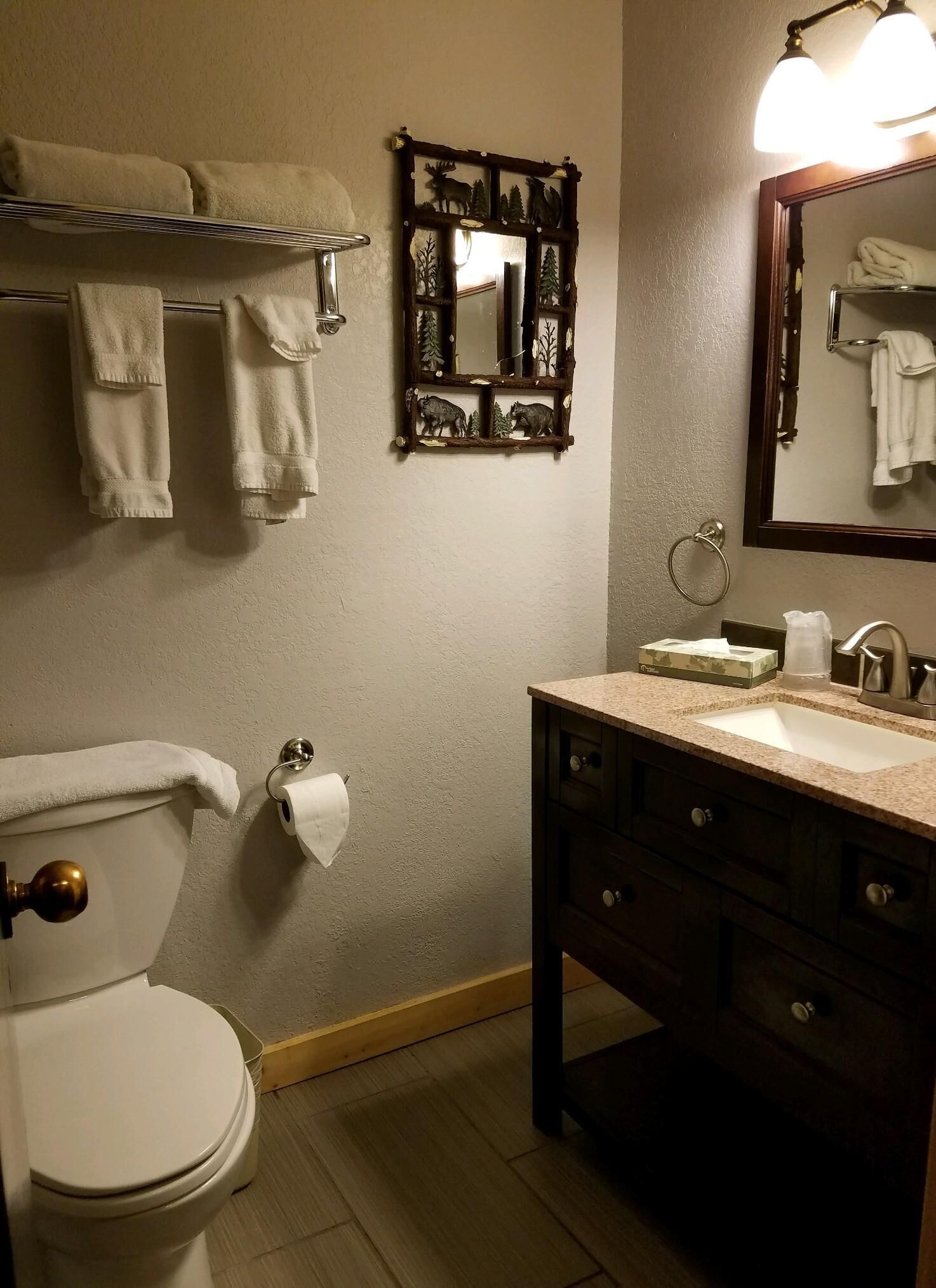 A bathroom with a toilet, sink, and mirror. There are towels hanging on a rack and a toilet paper holder.